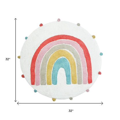 32" White Pink And Yellow Cotton Rainbows Round Youthful Bath Rug