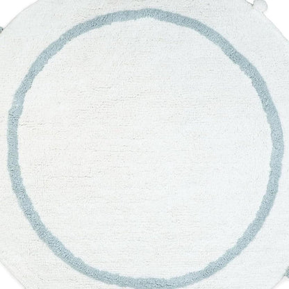 32" Baby Blue And White Cotton Round Geometric Bath Rug