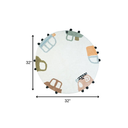 32" Blue Green And White Cotton Cars Round Youthful Bath Rug