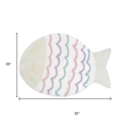 32" White Pink And Purple Cotton Fish Shaped Youthful Bath Rug