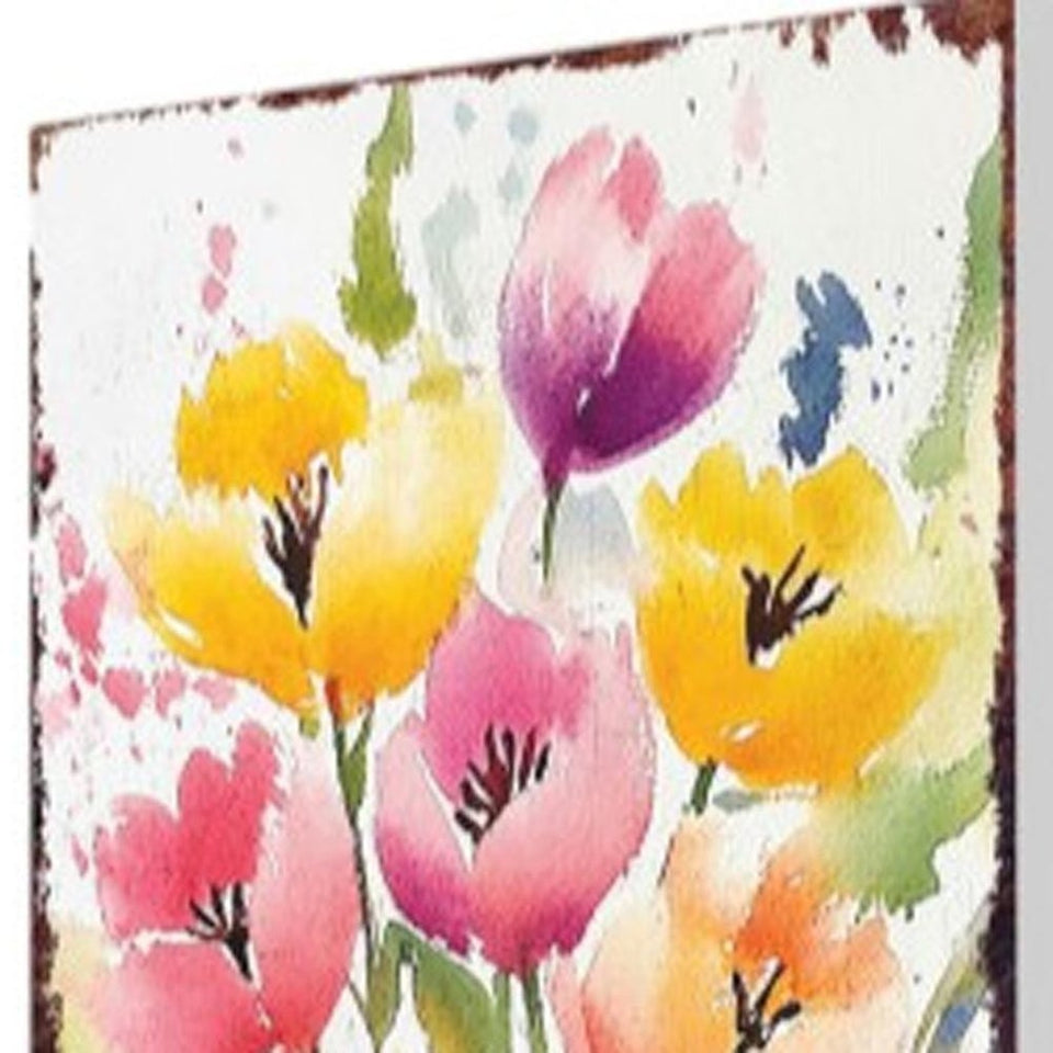 10" Green Pink White And Yellow Solid Wood Tulips Garden Stake