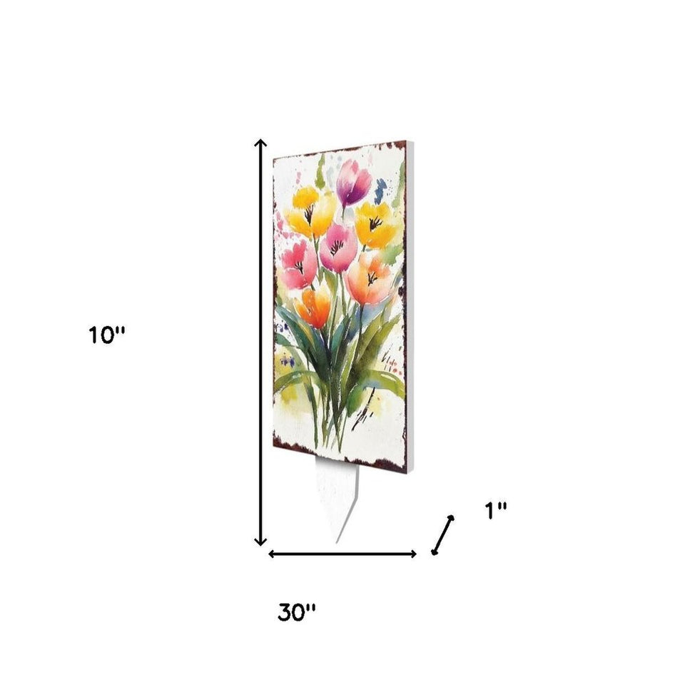 10" Green Pink White And Yellow Solid Wood Tulips Garden Stake