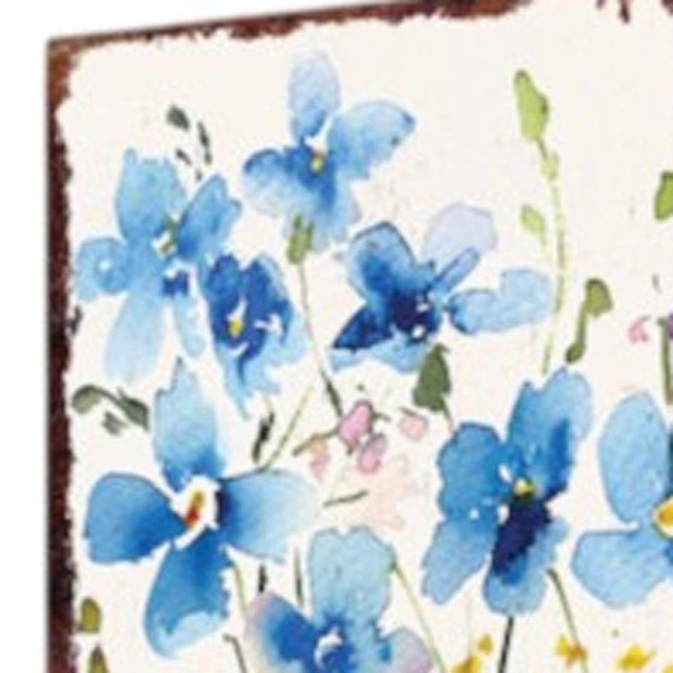 10" Blue And White Solid Wood Wildflowers Garden Stake