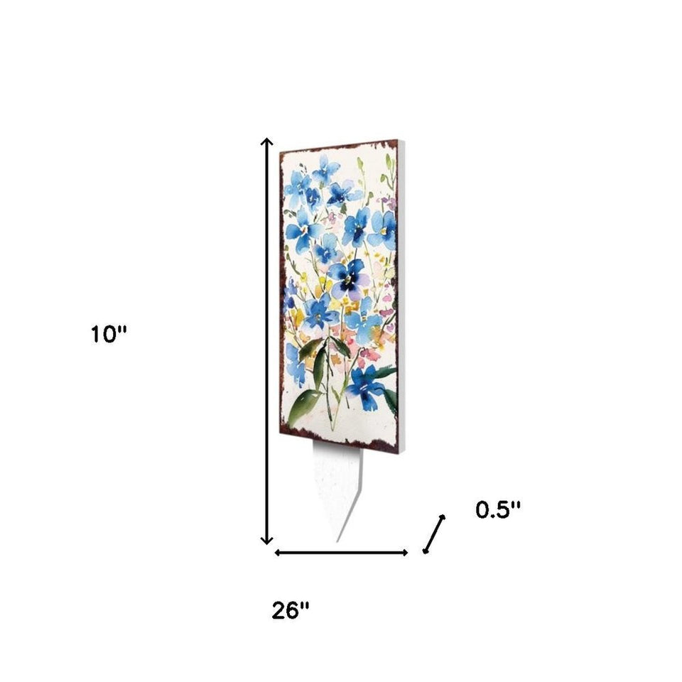 10" Blue And White Solid Wood Wildflowers Garden Stake