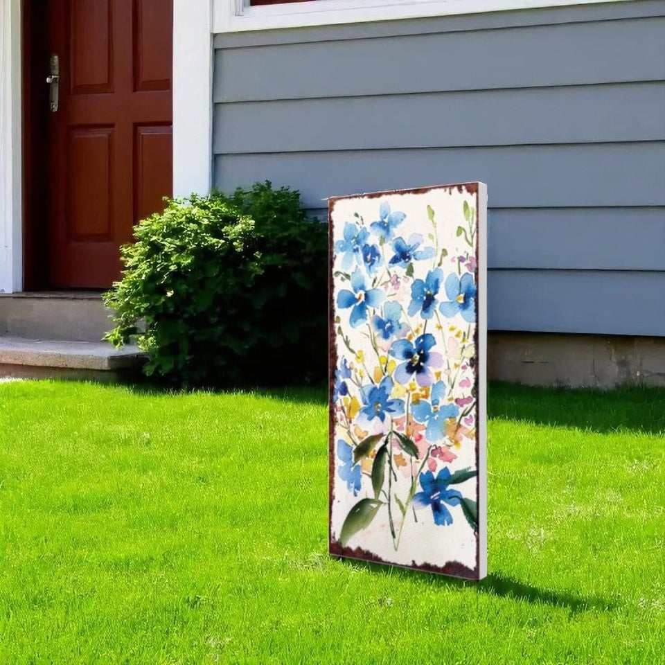 10" Blue And White Solid Wood Wildflowers Garden Stake
