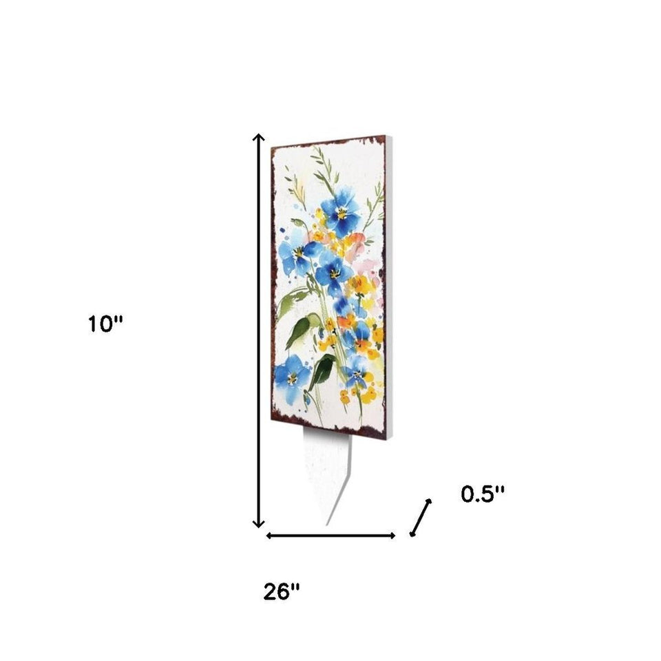 10" Blue White And Yellow Solid Wood Wildflowers Garden Stake