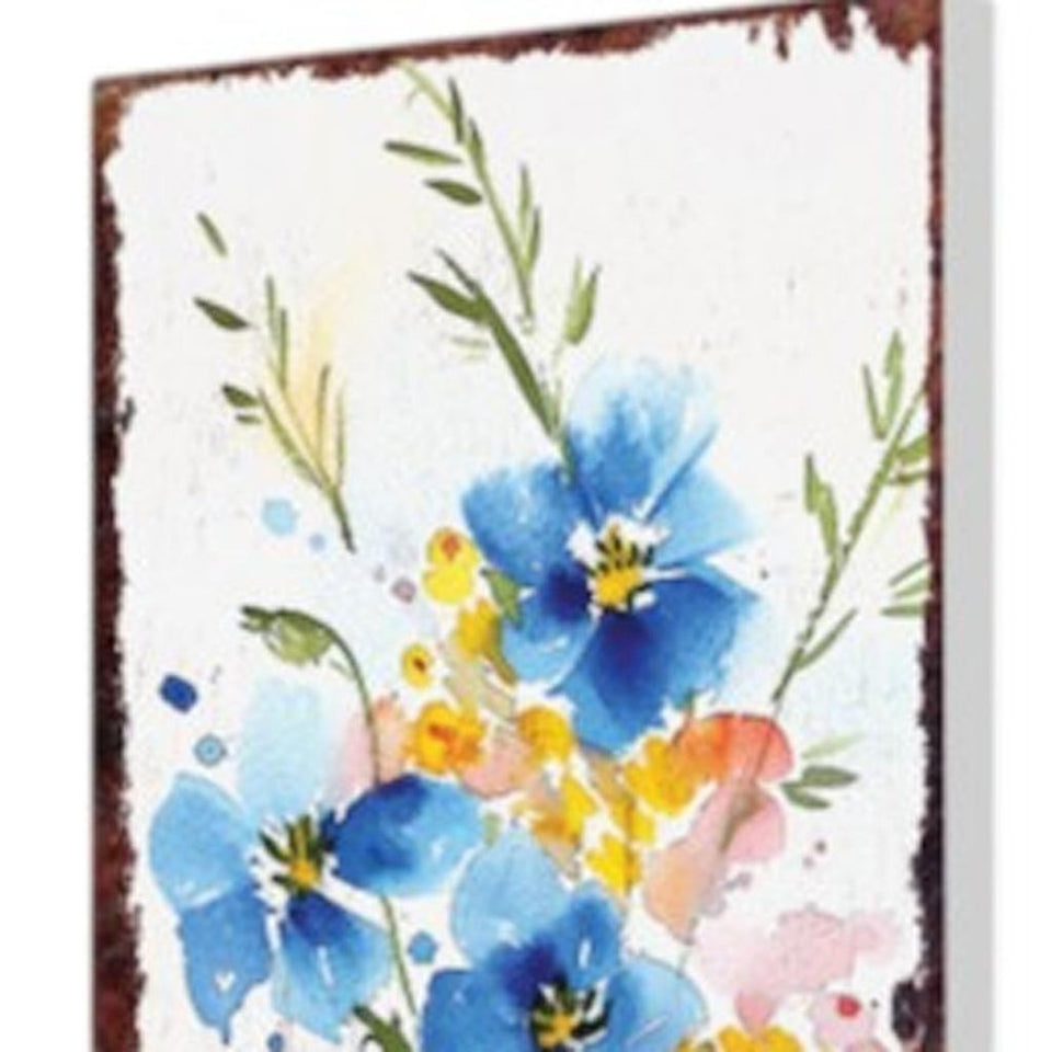 10" Blue White And Yellow Solid Wood Wildflowers Garden Stake