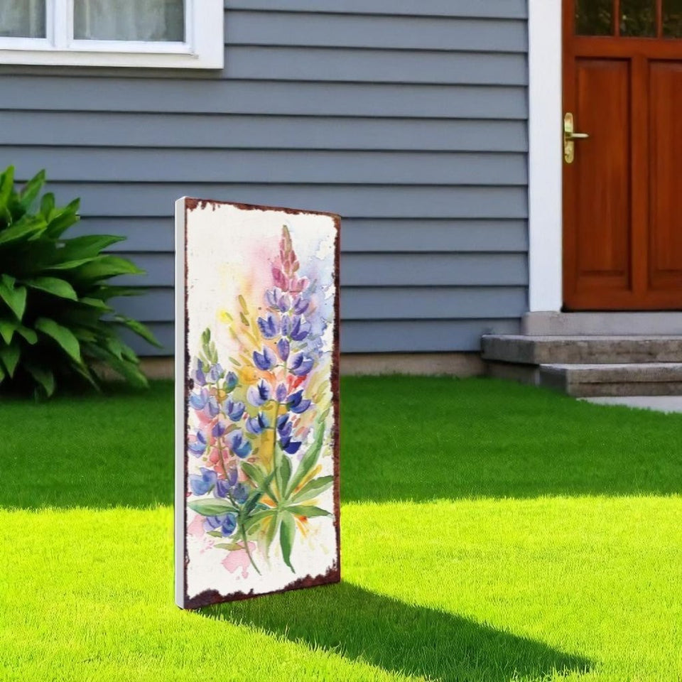 10" Blue Green Pink And White Solid Wood Floral Bouquet Garden Stake