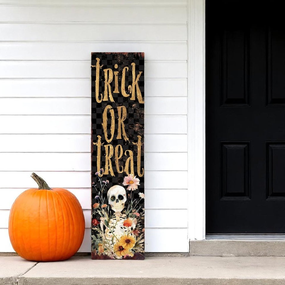 36" Black And Gold Solid Wood Trick or Treat Halloween Skeleton Porch Sign