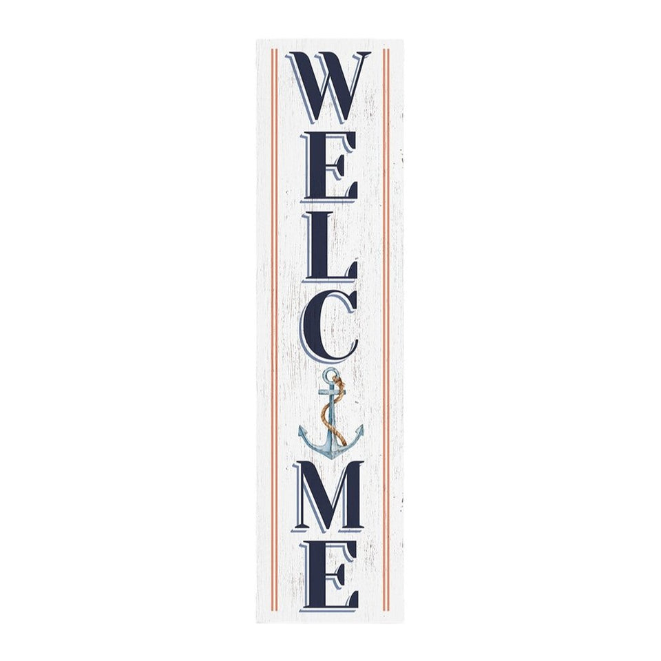 36" White And Blue Solid Wood Welcome Anchor Porch Sign