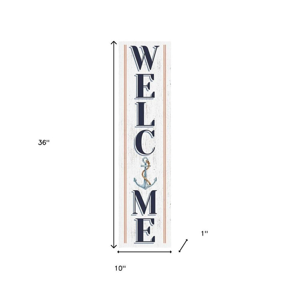 36" White And Blue Solid Wood Welcome Anchor Porch Sign