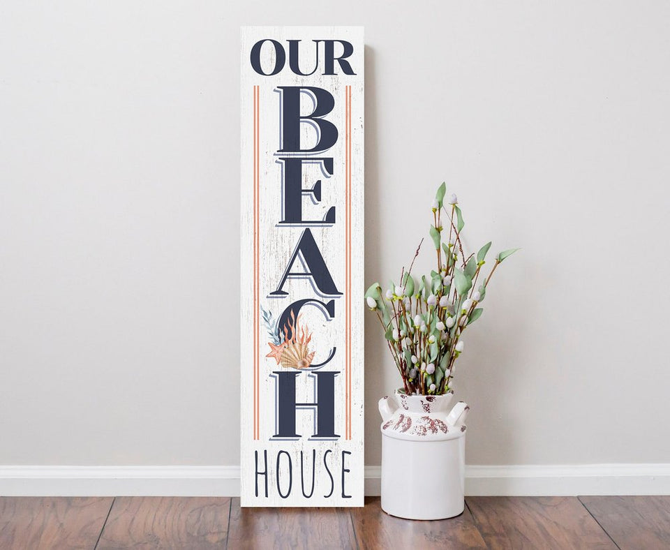 36" White And Blue Solid Wood Our Beach House Porch Sign