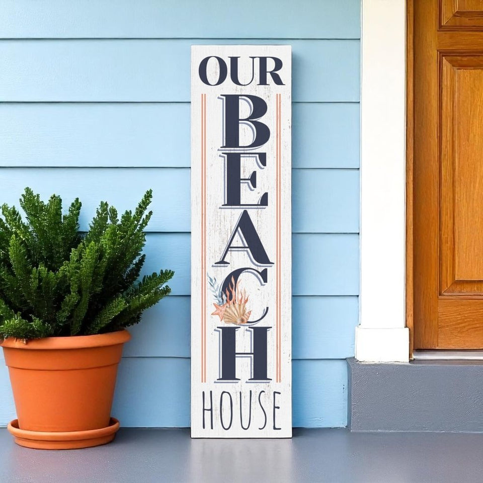 36" White And Blue Solid Wood Our Beach House Porch Sign