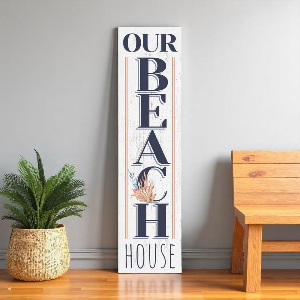 36" White And Blue Solid Wood Our Beach House Porch Sign