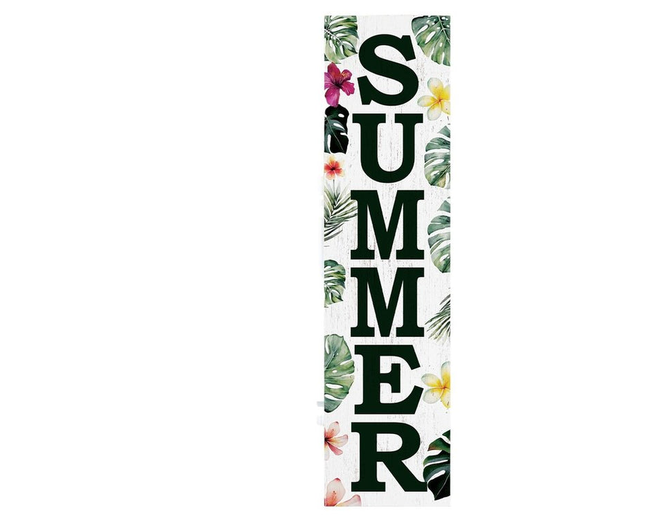 36" Green Pink And White Solid Wood Tropical Floral Summer Porch Sign
