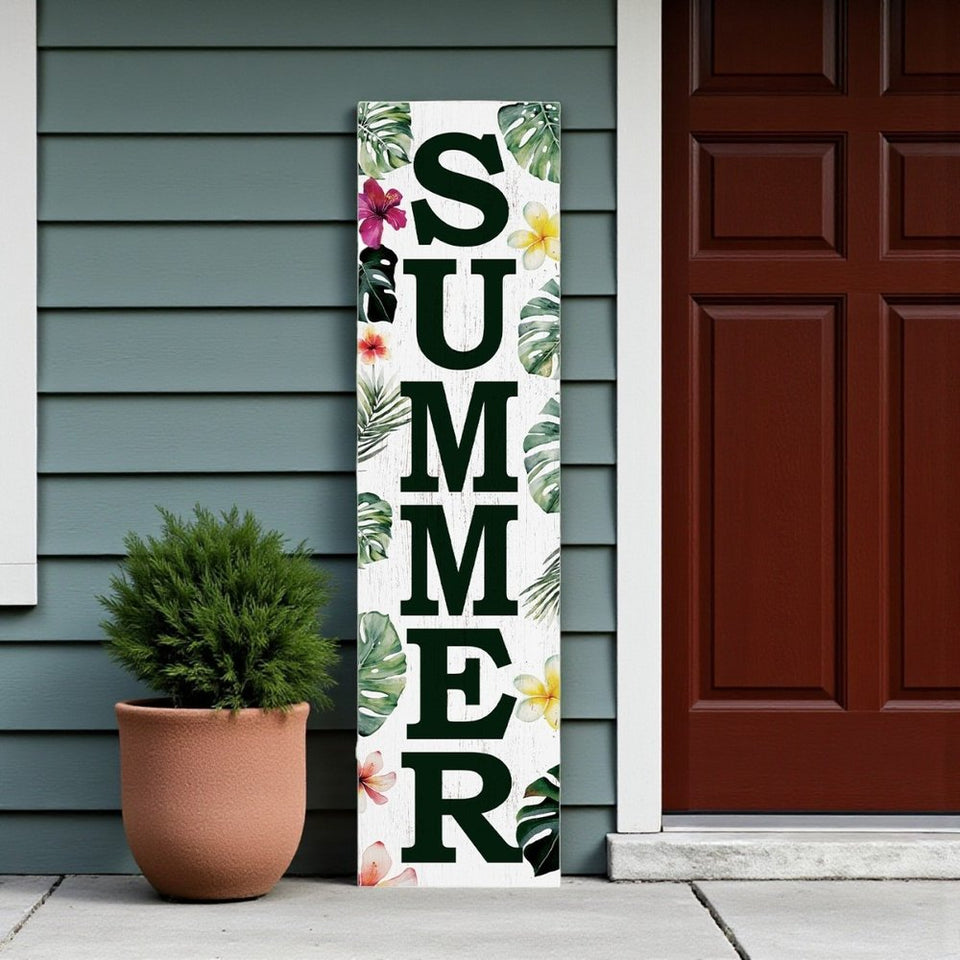 36" Green Pink And White Solid Wood Tropical Floral Summer Porch Sign