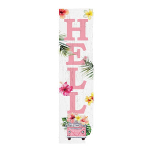 36" Pink And White Solid Wood Tropical Floral Hello Porch Sign