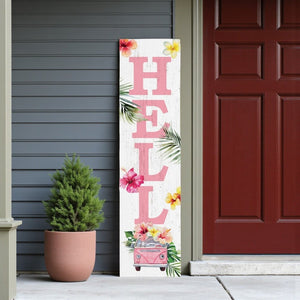 36" Pink And White Solid Wood Tropical Floral Hello Porch Sign
