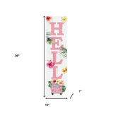 36" Pink And White Solid Wood Tropical Floral Hello Porch Sign