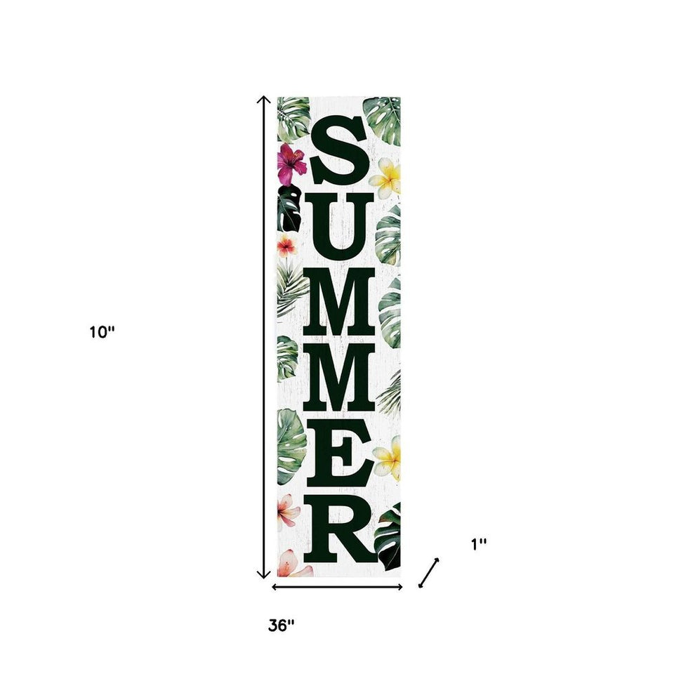 36" Green Pink And White Solid Wood Tropical Floral Summer Porch Sign