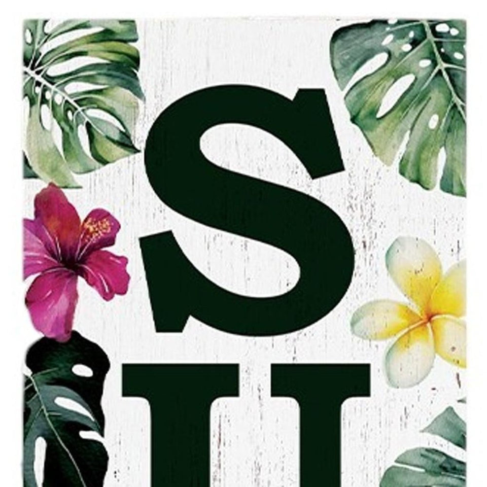 36" Green Pink And White Solid Wood Tropical Floral Summer Porch Sign