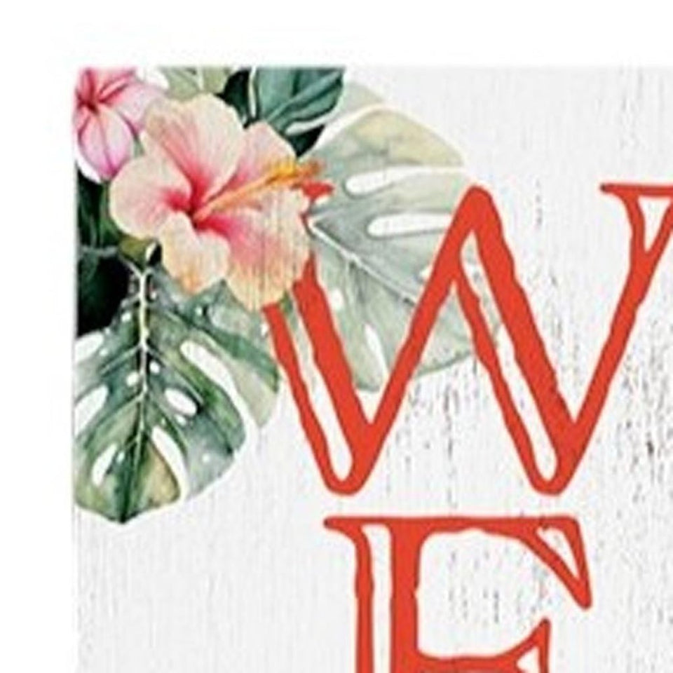 36" Pink And White Solid Wood Tropical Floral Welcome Porch Sign