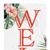 36" Pink And White Solid Wood Tropical Floral Welcome Porch Sign