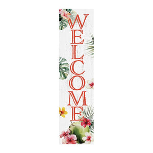 36" Pink And White Solid Wood Tropical Floral Welcome Porch Sign