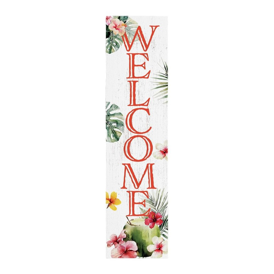 36" Pink And White Solid Wood Tropical Floral Welcome Porch Sign