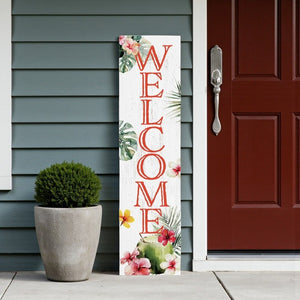 36" Pink And White Solid Wood Tropical Floral Welcome Porch Sign