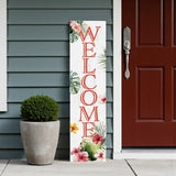 36" Pink And White Solid Wood Tropical Floral Welcome Porch Sign