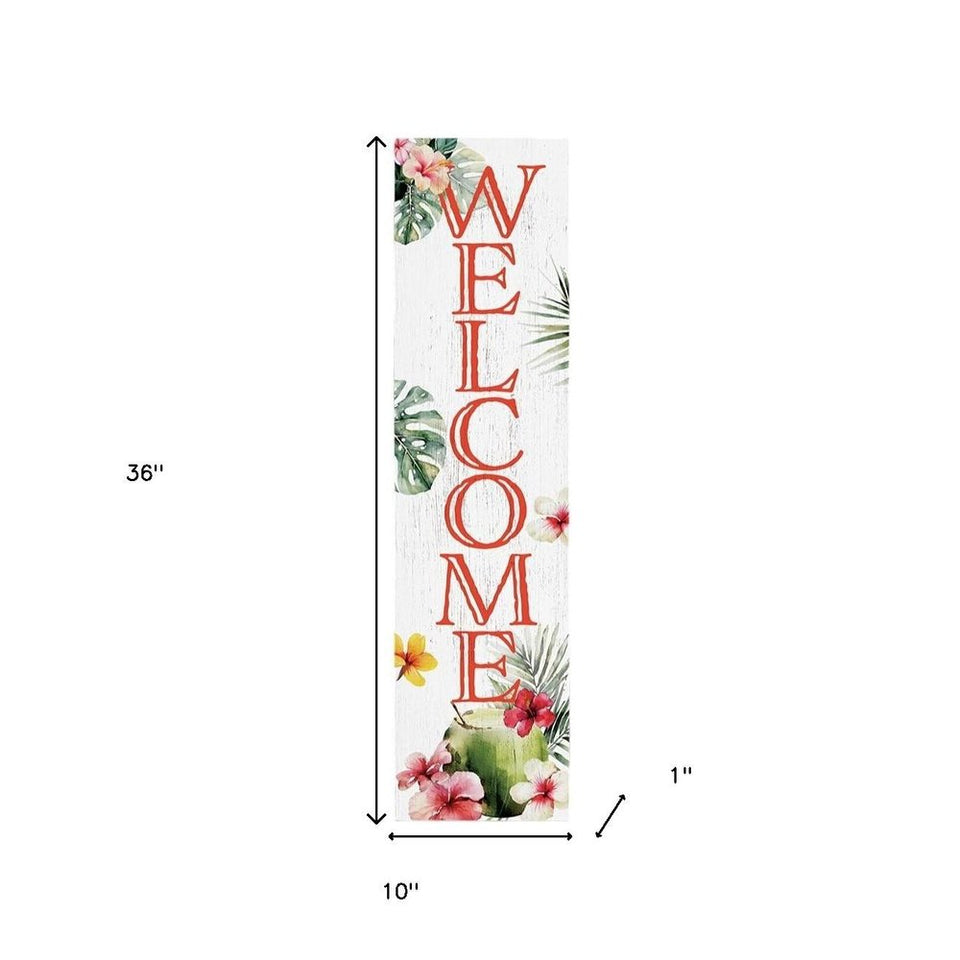 36" Pink And White Solid Wood Tropical Floral Welcome Porch Sign