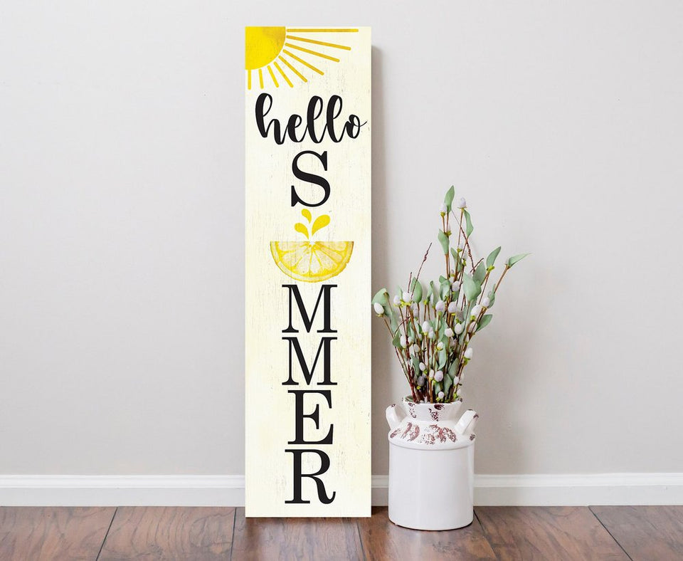36" White Yellow And Black Solid Wood Hello Summer Porch Sign