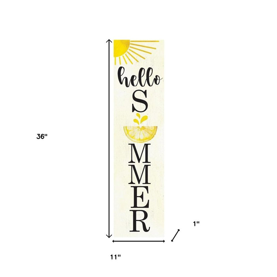 36" White Yellow And Black Solid Wood Hello Summer Porch Sign