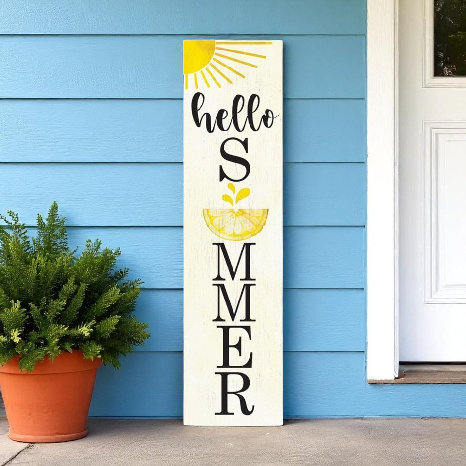 36" White Yellow And Black Solid Wood Hello Summer Porch Sign