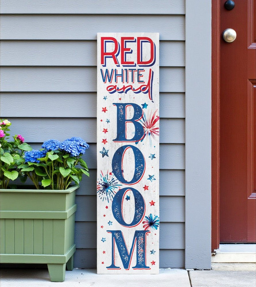 36" Blue Red And White Solid Wood Red White Boom July Fourth Fireworks Porch Sign