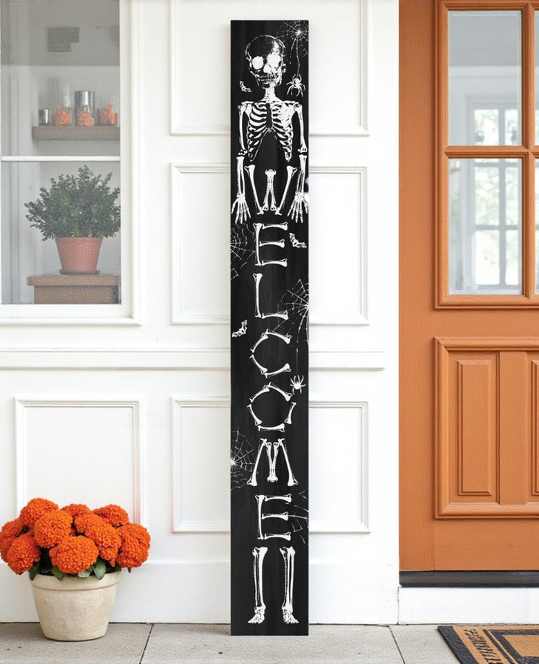 72" Black And White Solid Wood Welcome Halloween Skeleton Porch Sign