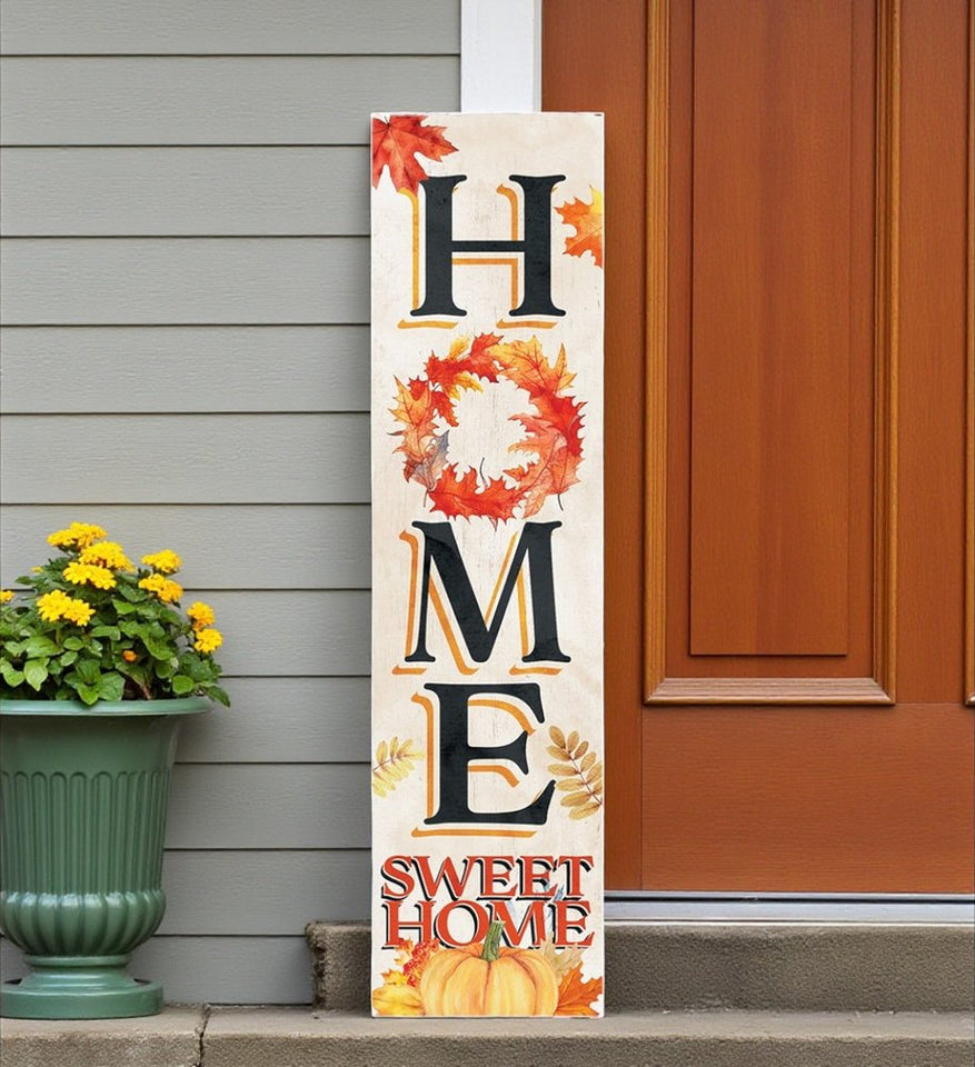 36" Black Off White And Orange Solid Wood Home Sweet Leaves Porch Sign