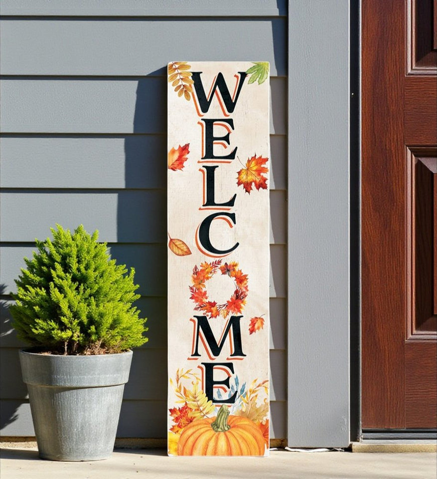 36" Off White Orange And Black Solid Wood Porch Sign