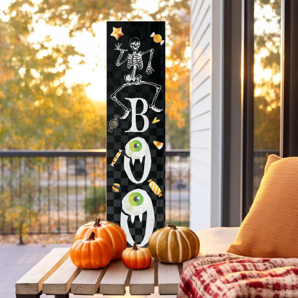 36" Black And White Solid Wood Boo Halloween Skeleton Porch Sign