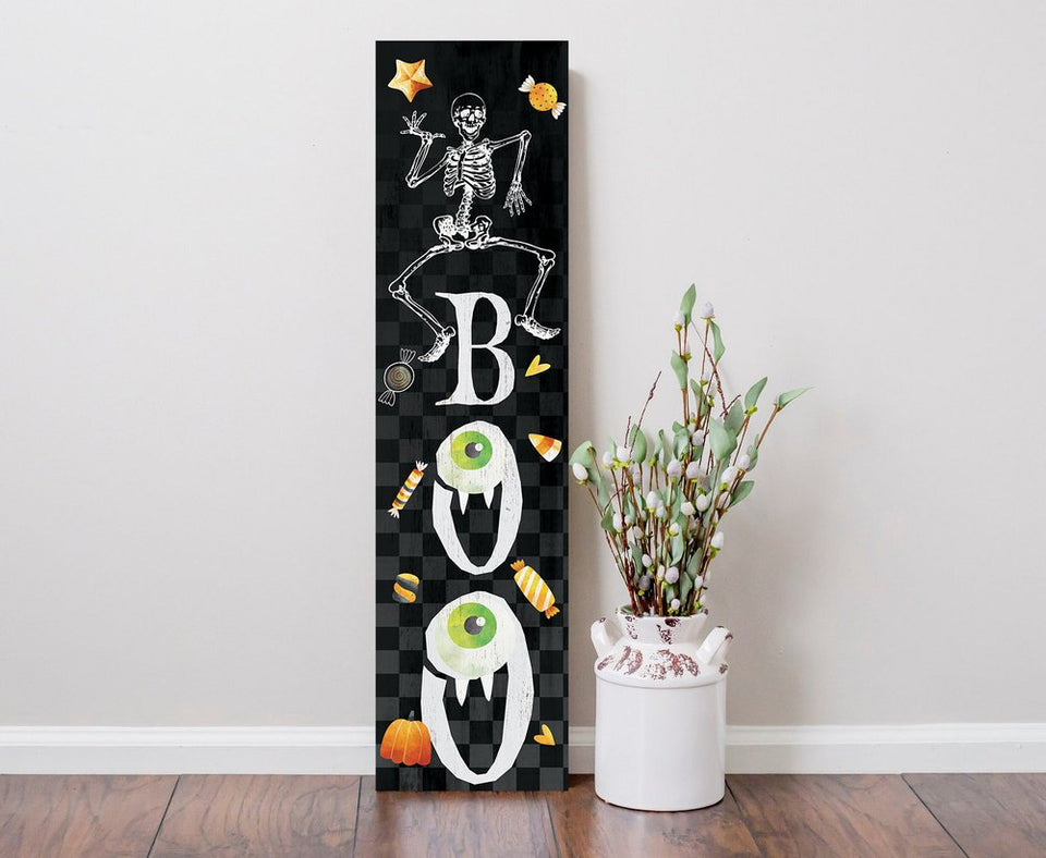 36" Black And White Solid Wood Boo Halloween Skeleton Porch Sign