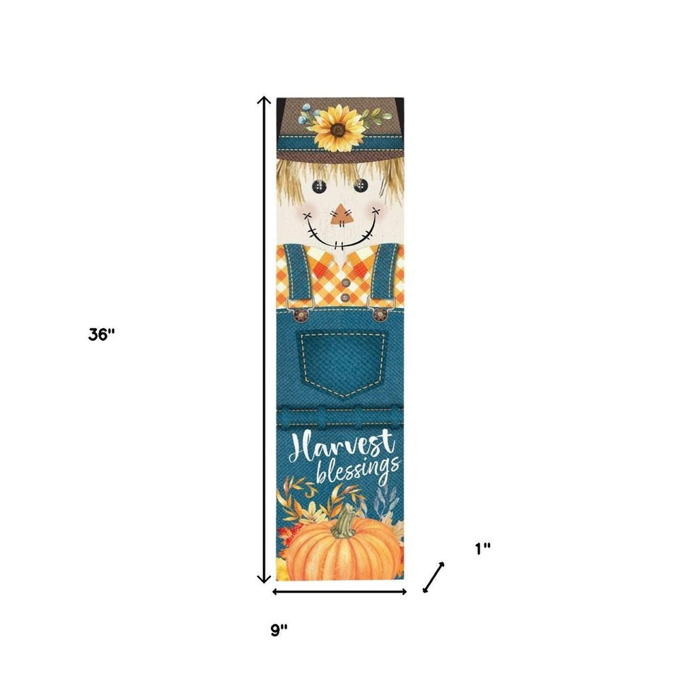 36" Blue And Orange Solid Wood Happy Harvest Scarecrow Porch Sign