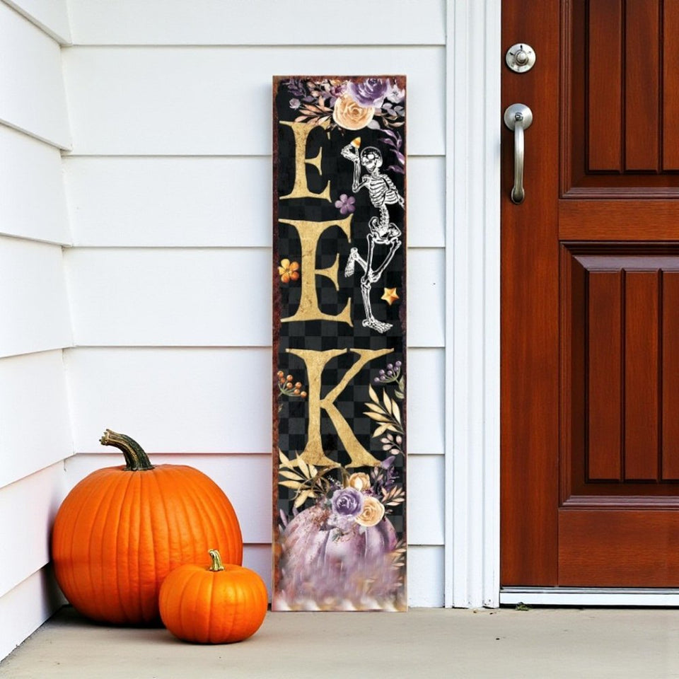 36" Black Gold And Purple Solid Wood Eek Halloween Skeleton Porch Sign