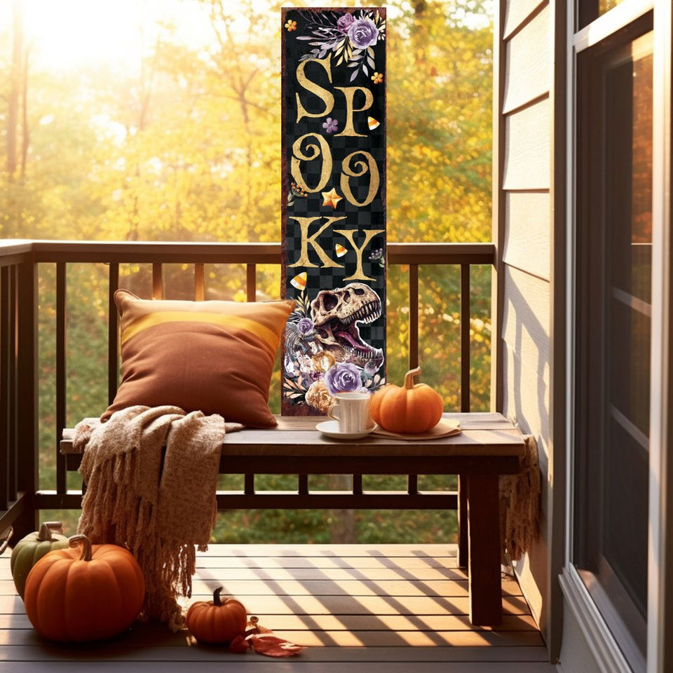 36" Black Gold And Purple Solid Wood Spooky Halloween Skull Porch Sign