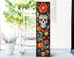 36" Black And Orange Solid Wood Day of the Dead Skull Porch Sign