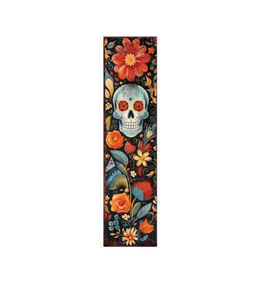 36" Black And Orange Solid Wood Day of the Dead Skull Porch Sign