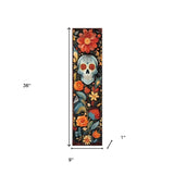 36" Black And Orange Solid Wood Day of the Dead Skull Porch Sign