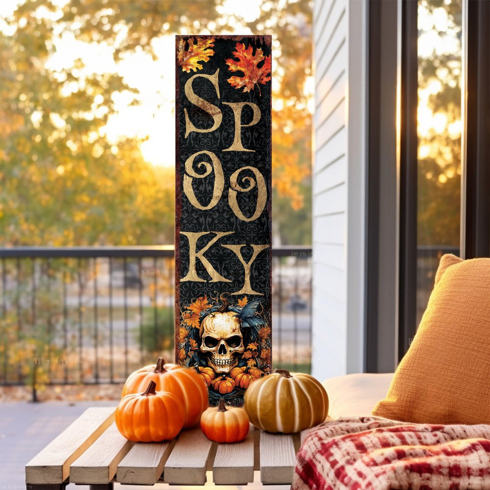 36" Black Gold And Orange Solid Wood Spooky Halloween Skull Porch Sign
