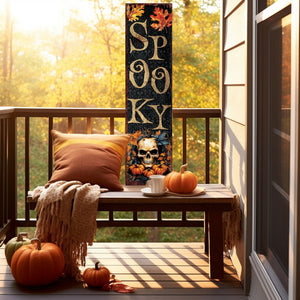 36" Black Gold And Orange Solid Wood Spooky Halloween Skull Porch Sign