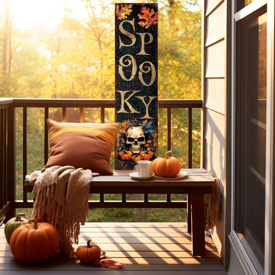 36" Black Gold And Orange Solid Wood Spooky Halloween Skull Porch Sign